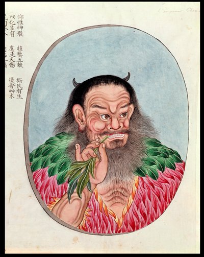 Legendaarinen keisari Shen-Nung, kuvitus Pen Tsaosta, 1700-1800-luku tekijältä Chinese School