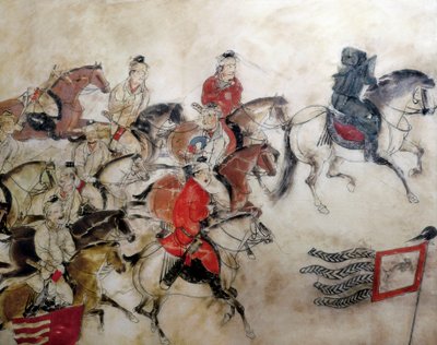 Prinssi Zhanghuain hauta, metsästyskohtaus hevosilla, Xian, Han-kausi, 706 (seinämaalaus) tekijältä Chinese School