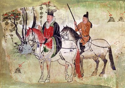 Kaksi ratsumiestä maisemassa, Bodhisattva ja hänen Equerrynsä, Tang-kausi (maalattu kivi) tekijältä Chinese School