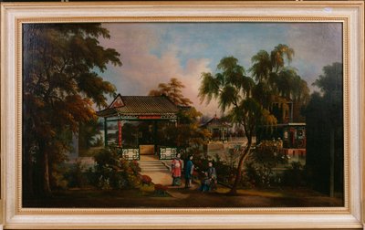 Näkymä Howquan puutarhaan Kantonissa naisten kanssa paviljongin luona, n. 1850 tekijältä Chinese School