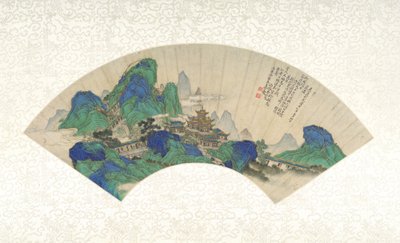 Kuolemattomien palatsit, taittuva viuhka, joka on asennettu albumilehteen, 1753 (mustetta, väriä ja kultaa paperilla) tekijältä Chinese School Chinese School
