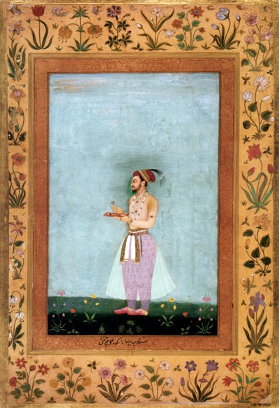 Moguliprinssi Dara Shokuh ja jalokivitarjotin, n. 1640 (pienoiskuva). tekijältä Chitarman Chitarman