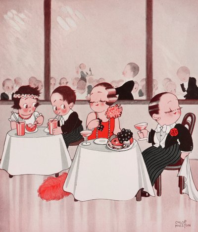 Kaupungin hiiret ja maalaishiiret, hienostuneet kansalaiset vastaan hienostumattomat maalaismiehet, ravintolakohtaus, Chloe Prestonin (1887-1969) piirros, The Tatler, nro 1384, tammikuu 4 tekijältä Chloe Preston