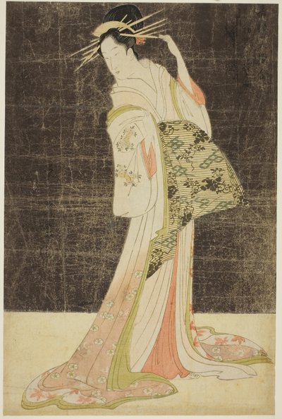 Valikoima kauneutta Pleasure Quartersista (Seiro bijin awase): Uudenvuoden lomia varten palkatut kurtisaanit - Ogiyan Takigawa, n. 1794 (värillinen puupainatus; oban) tekijältä Chobunsai Eishi