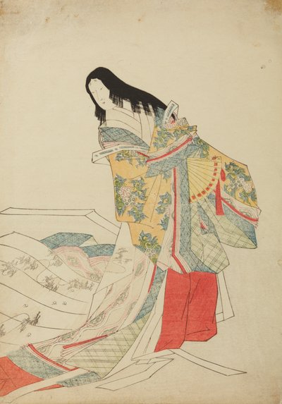 Seisova hovinainen viuhkan kanssa, laatta albumista "Nishiki-zuri onna sanju e-zukushi" tekijältä Chobunsai Eishi
