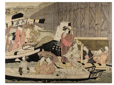 Sumida-joen kohtaus (pentaptyykistä) tekijältä Chobunsai Eishi