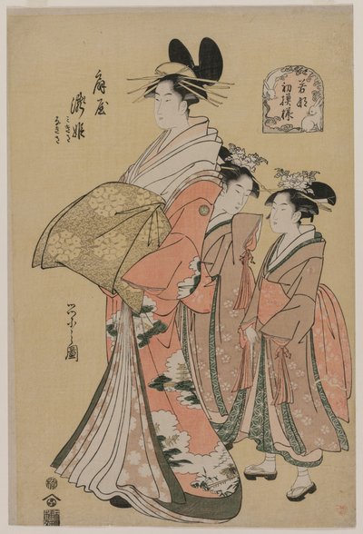 Kurtisaani Takihime ja Attendants (sarjasta New Patterns of Young Greens) tekijältä Chobunsai Eishi