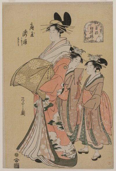 Kurtisaani Takihime ja avustajat sarjasta New Patterns of Young Greens, 1795. tekijältä Chobunsai Eishi
