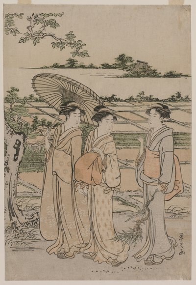 Kolme naista kävelemässä maaseudulla, 1780-luvun puoliväli. tekijältä Chobunsai Eishi