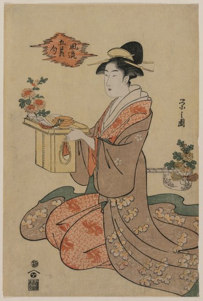 Nainen pitelee krysanteemeilla koristeltua puista kuppitelinettä (sarjasta Elegant Pictures of the Five Seasonal Festivals) tekijältä Chobunsai Eishi