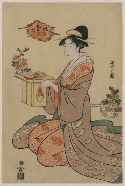 Nainen pitelee krysanteemeilla koristeltua puista kuppitelinettä..., 1790-luvun puoliväli. tekijältä Chobunsai Eishi