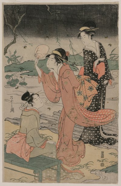 Naiset virran vieressä jahtaavat tulikärpäsiä, 1790-luvun puoliväli. tekijältä Chobunsai Eishi