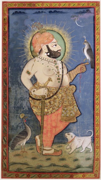 Maharana Bhim Singh of Mewar with a Hawk, Udaipur (Mewar) Rajasthan, n. 1805 (guassi kullalla kankaalla) tekijältä Chokha
