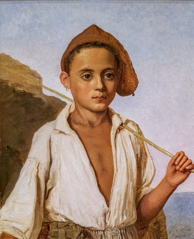Caprin kalastajapoika, noin 1839 (öljy paperille ja pahville kiinnitettynä). tekijältä Christen Schjellerup Kobke
