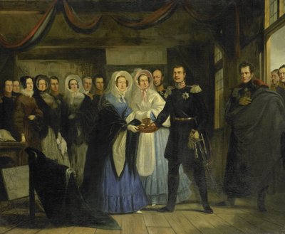 Oranssin prinsessa vastaanottaa Aleksanteri II:n (1818-1881), Venäjän suurherttua ja valtaistuimen perillisen, tsaari Pietarin talossa Zaandamissa 17. huhtikuuta 1839 tekijältä Christiaan Julius Lodewijk Portman
