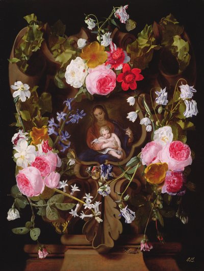 Madonna ja lapsi kukkien seppeleen ympäröimänä (Madonna ja lapsi toisella kädellä) tekijältä Christiaan Luykx or Luycks