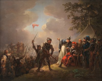 Legenda Tanskan lipusta. Dannebrog putoaa taivaalta Lyndanisen taistelun aikana, 18 tekijältä Christian August Lorentzen