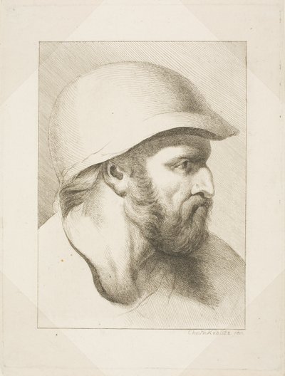 Parrakas miehen pää ja teräskypärä tekijältä Christian Frederick Köhlitz