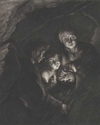 Yökuva luolassa, jossa vanha nainen pitelee palavia hiiltä kattilassa, poika blowi..., n. 1750-57 tekijältä Christian Friedrich Boëtius