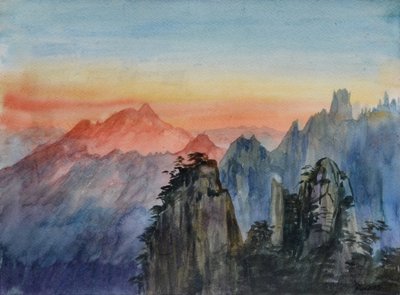 Buddhan valo - Auringonnousu Ruusuvuori, 2015 (vesiväri paperille) tekijältä Christian Furr