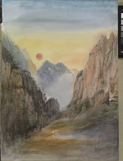 Vaaleanpunainen aurinko (kulta) Keltaiset vuoret, 2015 (vesiväri paperille) tekijältä Christian Furr
