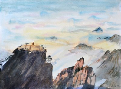 Stone Monkey Gazing Over a Sea of Clouds, 2015 (vesiväri paperille) tekijältä Christian Furr
