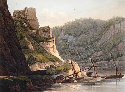 Lohenkalastus Lurleyssa, kaiverrettu T. Sutherland, teoksesta "Maaluksellinen kiertue Reiniä pitkin Mentzistä Kölniin", julkaisija R. Ackermann, Lontoo tekijältä Christian Georg II (after) Schutz or Schuz