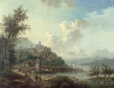 Näkymä Reininmaan silta ja hahmot etualalla ja linnoitettu kaupunki kukkulalla takana tekijältä Christian Georg II Schutz or Schuz