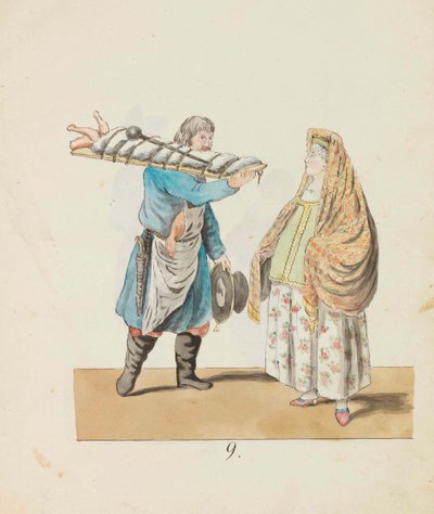 Teurastaja sika laudalla ja kauppanainen Sarjasta Pietari..., 1799. tekijältä Christian Gottfried Heinrich Geissler