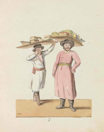 Hedelmämyyjä ja talonpoika myy juustoa ja silliä Sarjasta Pietari..., 1799. tekijältä Christian Gottfried Heinrich Geissler