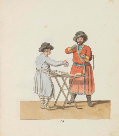 Kissel-myyjä ja kartanon vaunumies Sarjasta The St. Petersburg Peddlers, 1799. tekijältä Christian Gottfried Heinrich Geissler
