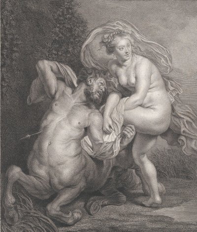 Deianeira saa myrkytettyä tunikkaa Nessukselta ja haavoittunut kentauri putoaa..., 1778. tekijältä Christian Gottfried Schulze