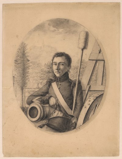 Nuoren sotilaan muotokuva, kepi oikeassa kädessään, nojaten tykin piippuun (omakuva?) tekijältä Christian Heinrich Gottlieb Steuerwald