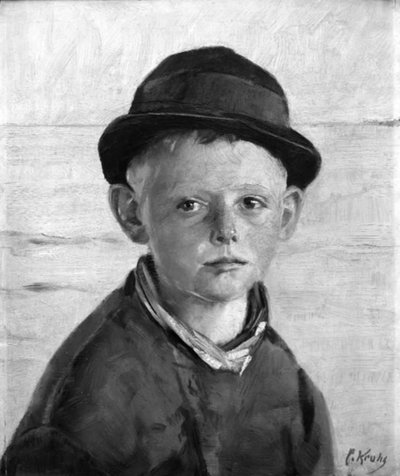 Kalastajapoika meren rannalla, ilta-aurinko tekijältä Christian Krohg