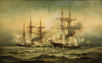 Kearsarge ja Alabama Cherbourgin sataman edustalla Ranskassa, 19. kesäkuuta 1864, noin 1870 tekijältä Christian Poulsen