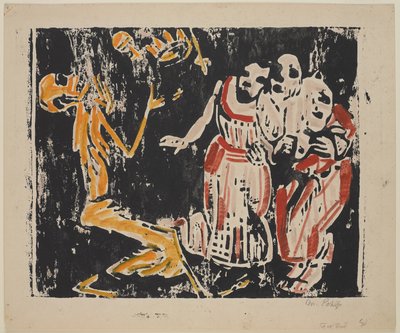 Kuolema jonglöörinä (vallankumous) (Tod als Jongleur [vallankumous]), 1918-19 (värillinen puupiirros keltaisella, punaisella ja mustalla raskaalla kudospaperilla) tekijältä Christian Rohlfs