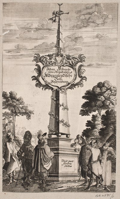 Nimisivu Johann Albrecht Mandelslolle, "Itämainen matkakuvaus [...], Schleswig 1668 tekijältä Christian Rothgiesser