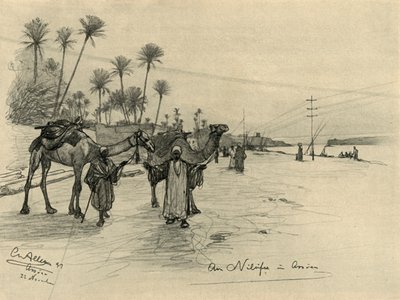 Kamelikuljettajat Niilin rannalla Aswanissa, Egyptissä, 1898. tekijältä Christian Wilhelm Allers