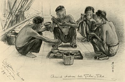 Kiinalaiset miehistön jäsenet syömässä "Knivsbergillä", 1898. tekijältä Christian Wilhelm Allers
