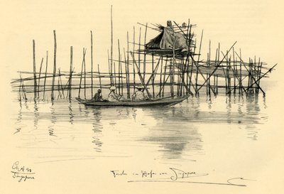 Talo paalujen päällä ja kalastajia Singaporen satamassa, 1898. tekijältä Christian Wilhelm Allers