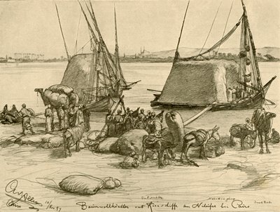 Puuvillan lastaus viljaveneisiin, Niili, Kairo, Egypti, 1898. tekijältä Christian Wilhelm Allers