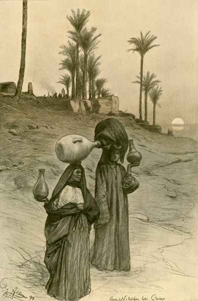 Naiset kantoivat vesikannuja Niilin rannalla Kairossa, Egyptissä, 1898. tekijältä Christian Wilhelm Allers