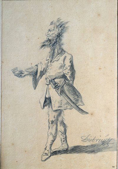 Villi mies Karikatyyri, joka kuvaa hirviömäistä miestä, jolla on pitkä, karvainen kaula ja halkaistut korvat. Lavis, Christian Wilhelm Ernst Dietrich (1712-1774) 1700-luvun su. 0,3x0,2 m Pariisi, museo du Louvre tekijältä Christian Wilhelm Ernst Dietrich