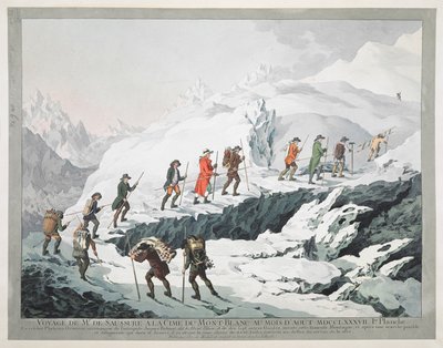 Horace Bénédict de Saussure ja hänen oppaansa ylittävät Month Blanc -jäätikön (kaiverrus) tekijältä Christian von Mechel