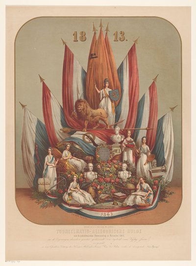 Allegorinen esitys merkittävästä vallankumouksesta marraskuussa 1813 Teatteris-allegorinen kunnianosoitus ikimuistoiselle vallankumoukselle marraskuussa 1813 (...) (otsikko esineessä) tekijältä Christianus Hendricus Hein