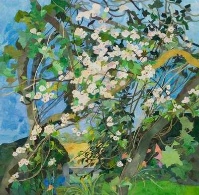 Omenapuu ja ruusu, 2015 (vesivärillä maalattu paperikollaasi) tekijältä Christine McKechnie