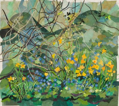 Cornerways Garden Narsissit ja siniset anemoniat, 2013 (vesivärillä maalattu paperikollaasi) tekijältä Christine McKechnie