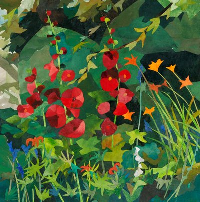 Cornerways garden with Hollyhocks, 2025 (vesivärillä maalattu paperikollaasi) tekijältä Christine McKechnie