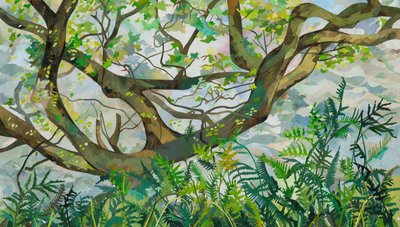 Tree with Ferns SeaToller, 2025 (vesivärillä maalattu paperikollaasi) tekijältä Christine McKechnie