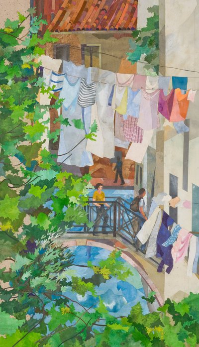 Venetsian silta ja pesu, 2025 (vesivärillä maalattu paperikollaasi) tekijältä Christine McKechnie